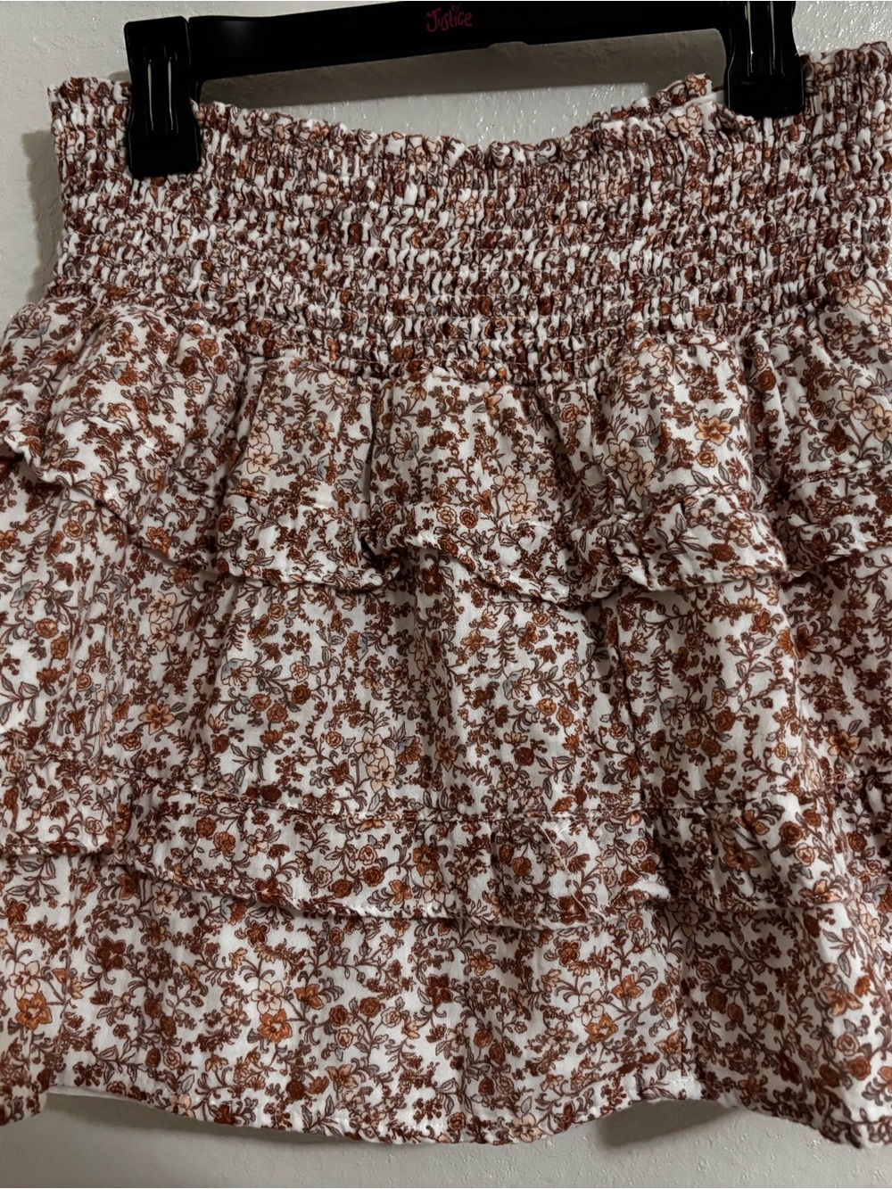 Women's White and Brown Floral Tiered Ruffle Skirt